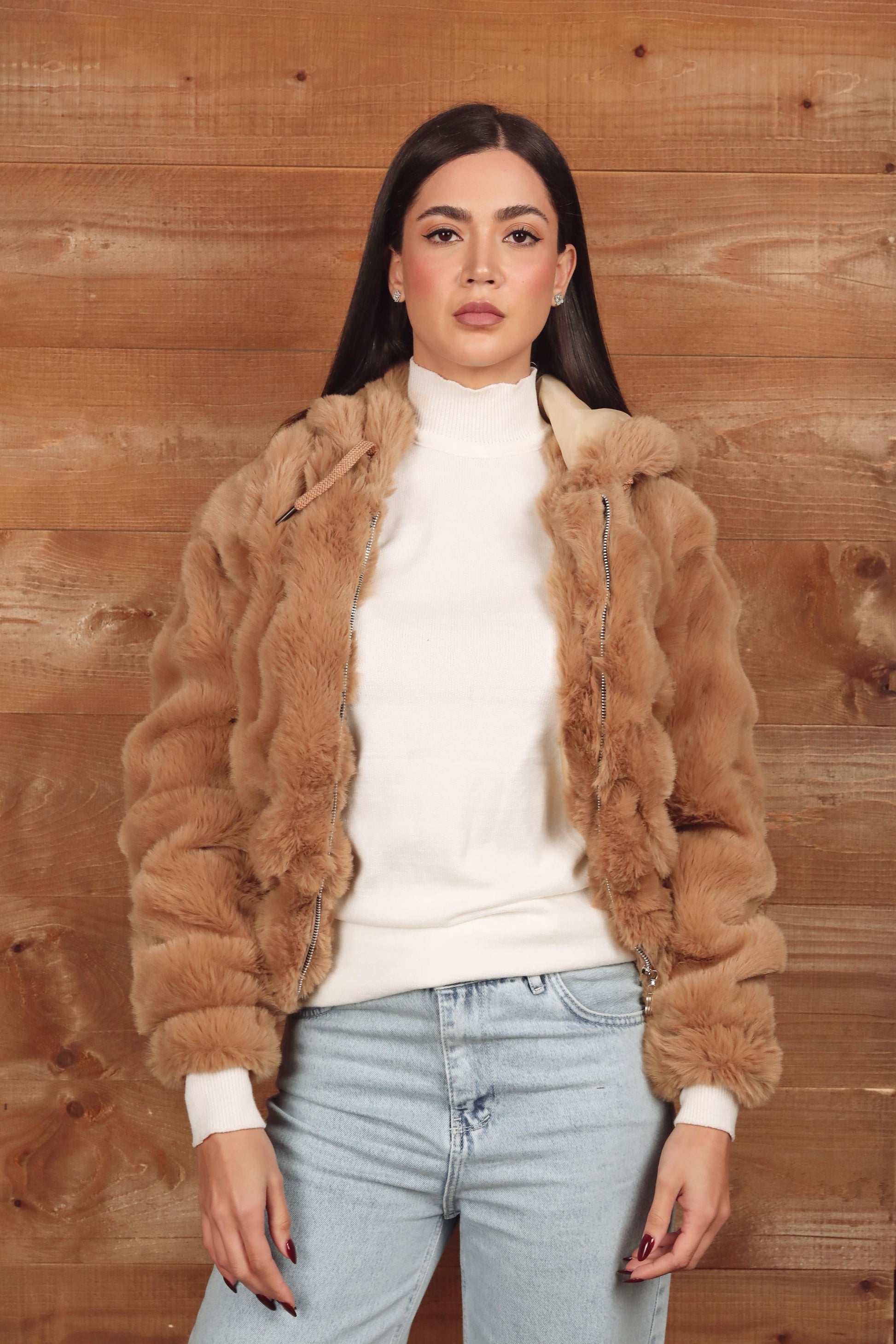 Short Hooded Faux Fur Jacket
