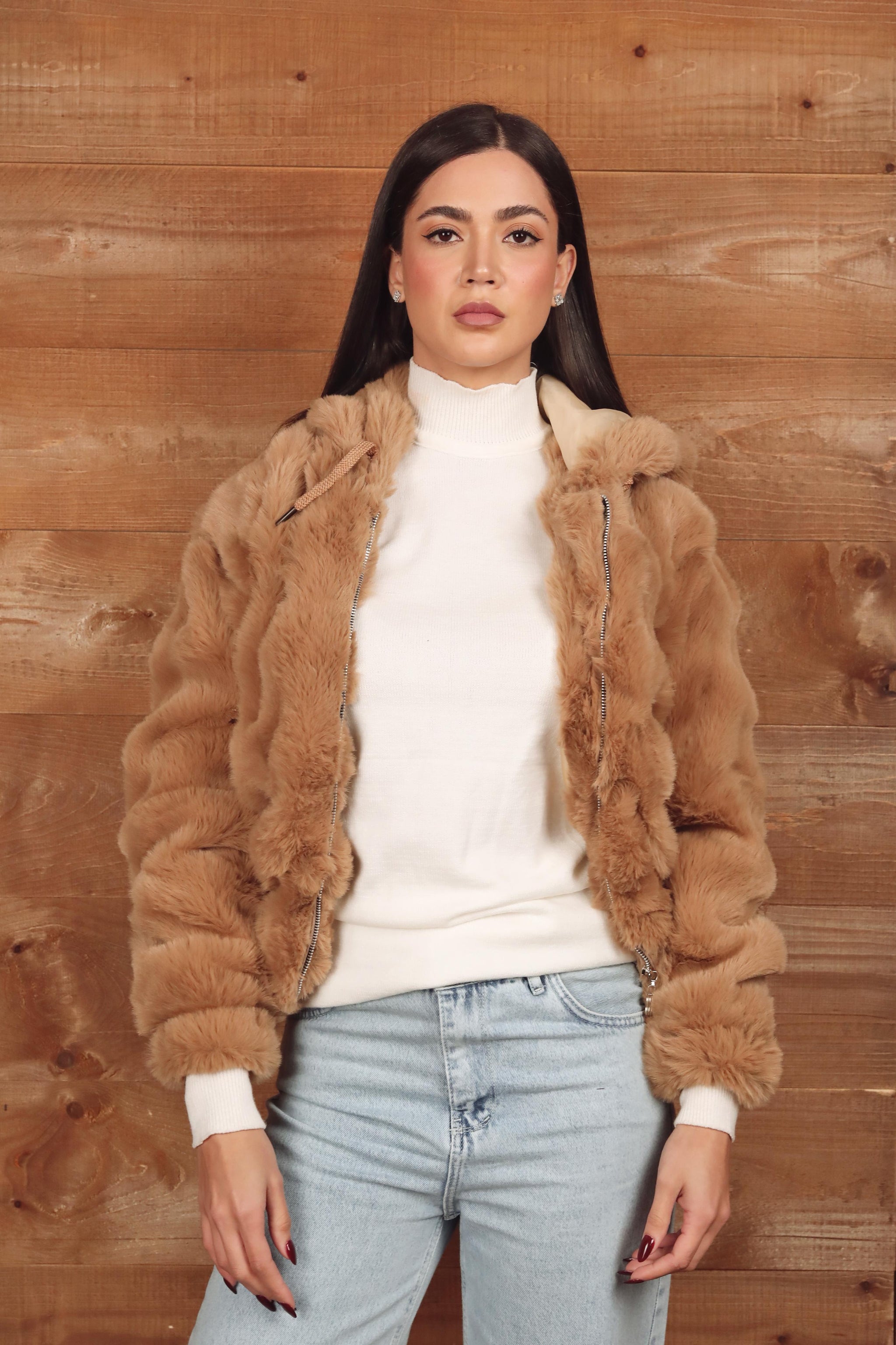 Short Hooded Faux Fur Jacket