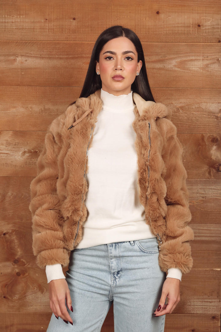 Short Hooded Faux Fur Jacket