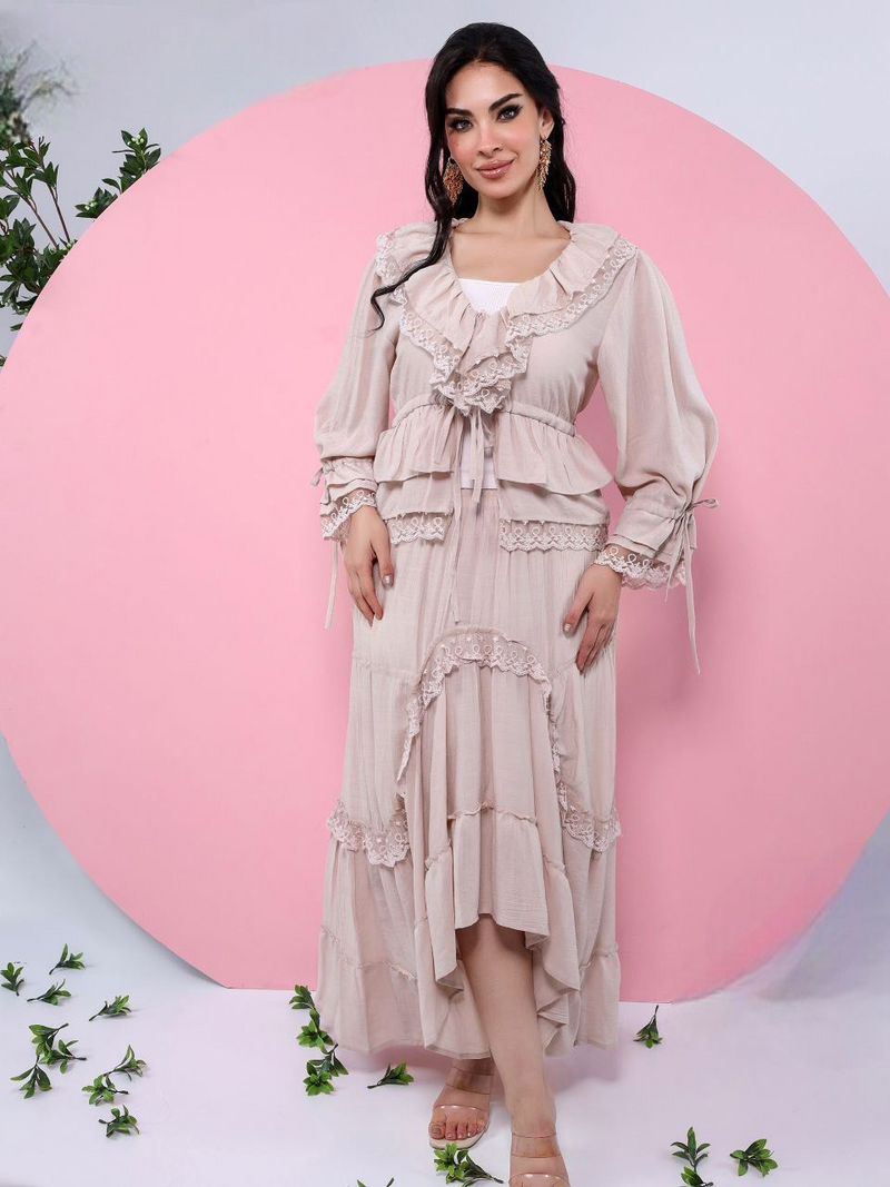 A plain suit with delicate guipure lace details.
