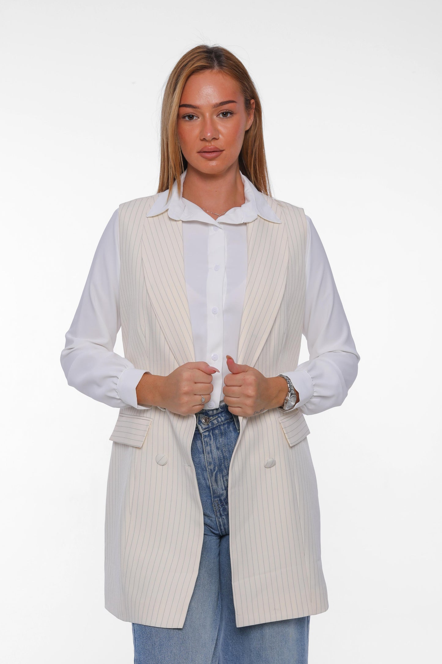 Double-Breasted Long Blazer