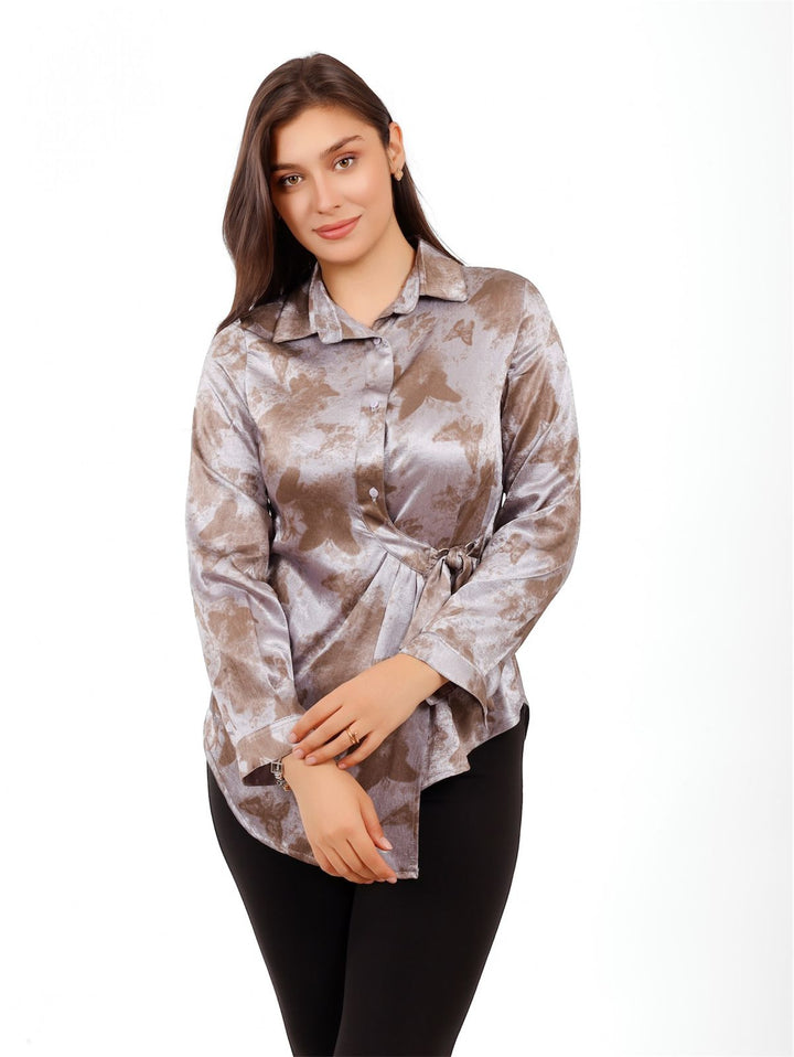 Satin Butterfly Print Wrap Shirt
