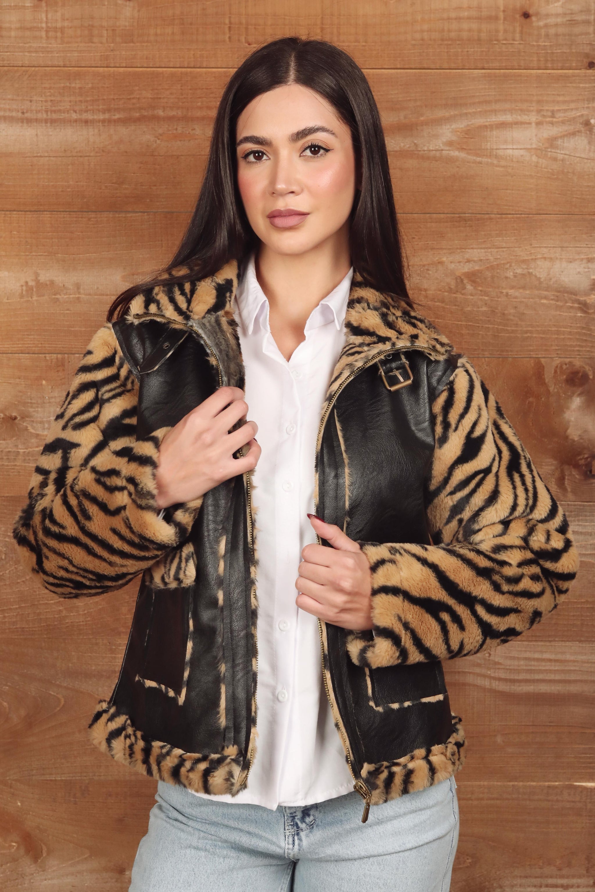 Tiger Print Faux Fur &  Leather Jacket