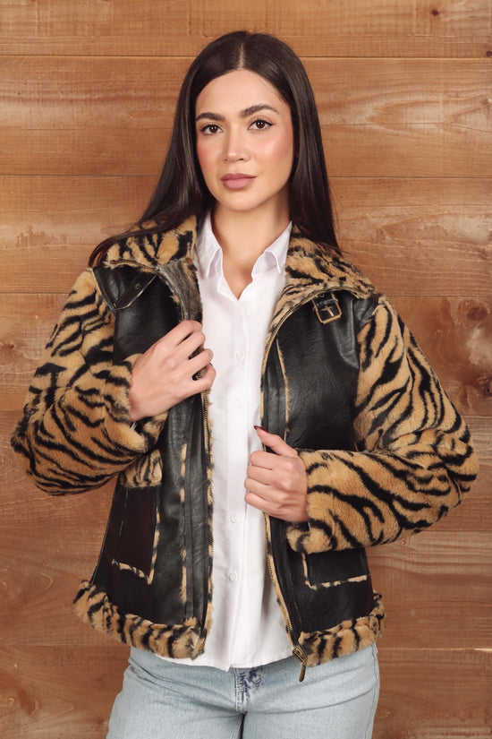Tiger Print Faux Fur &  Leather Jacket