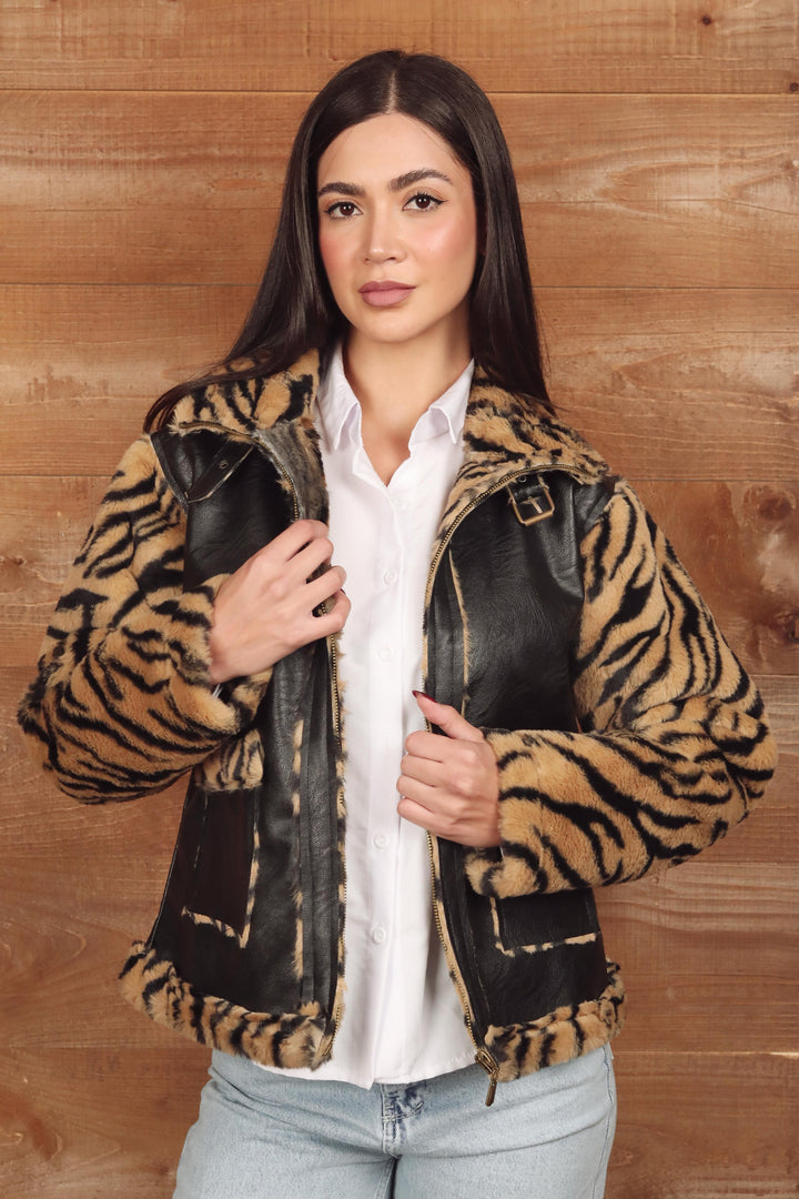 Tiger Print Faux Fur &  Leather Jacket