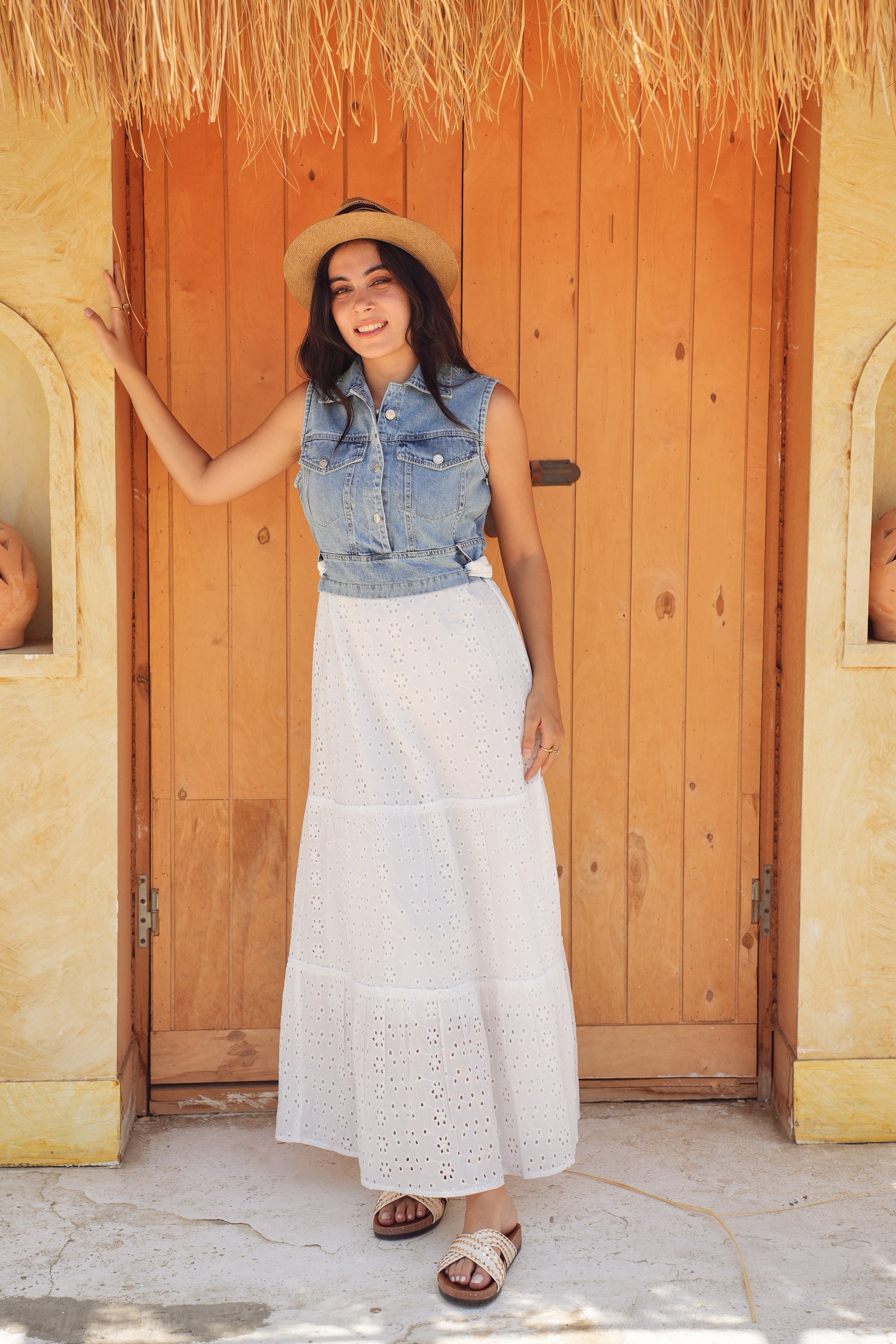 Denim Bodice Eyelet Maxi Dress