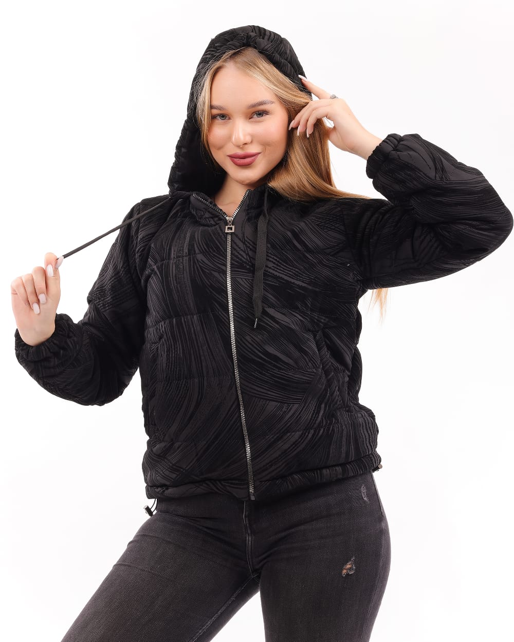 Textured Black Hooded Puffer Jacket