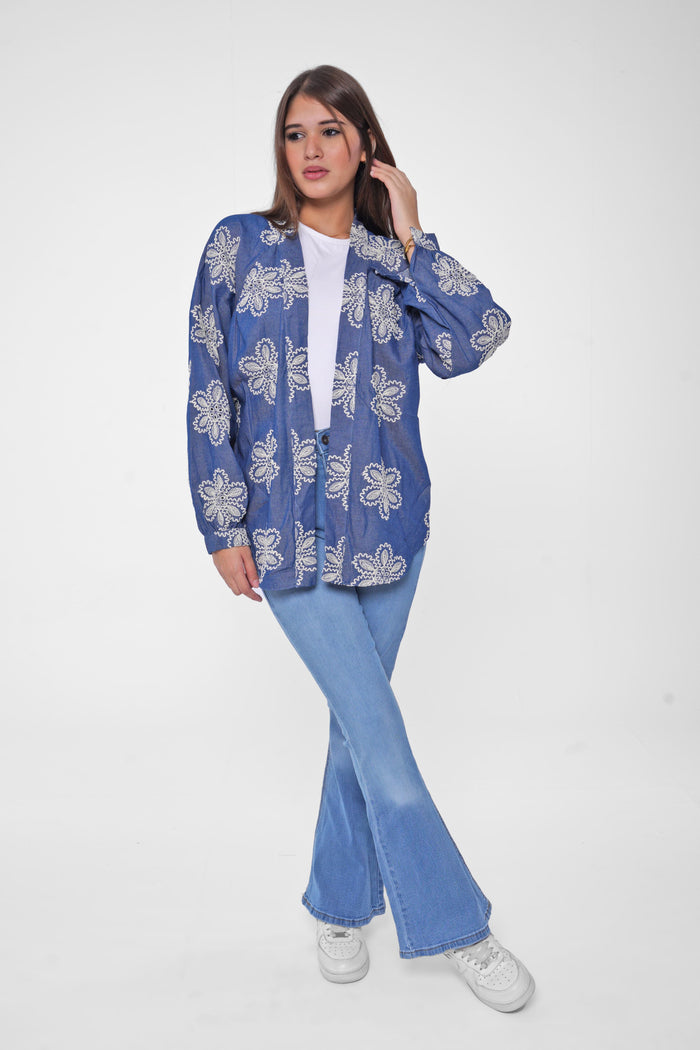 Stay effortlessly chic with our embroidered Denim cardigan.