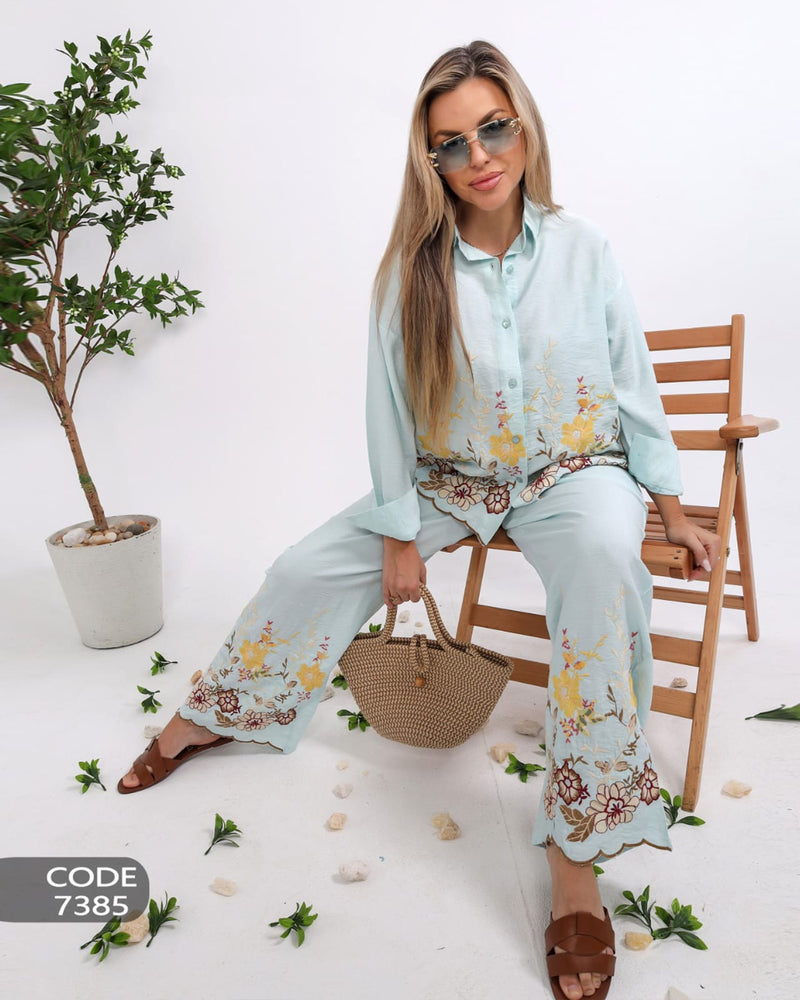 Elegant linen suit with delicate embroidery for a luxurious touch