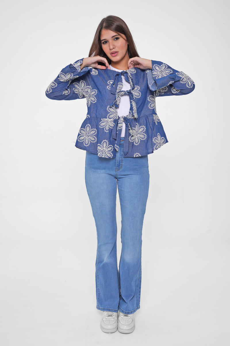Shine in style with our Embroidered Denim Blouse