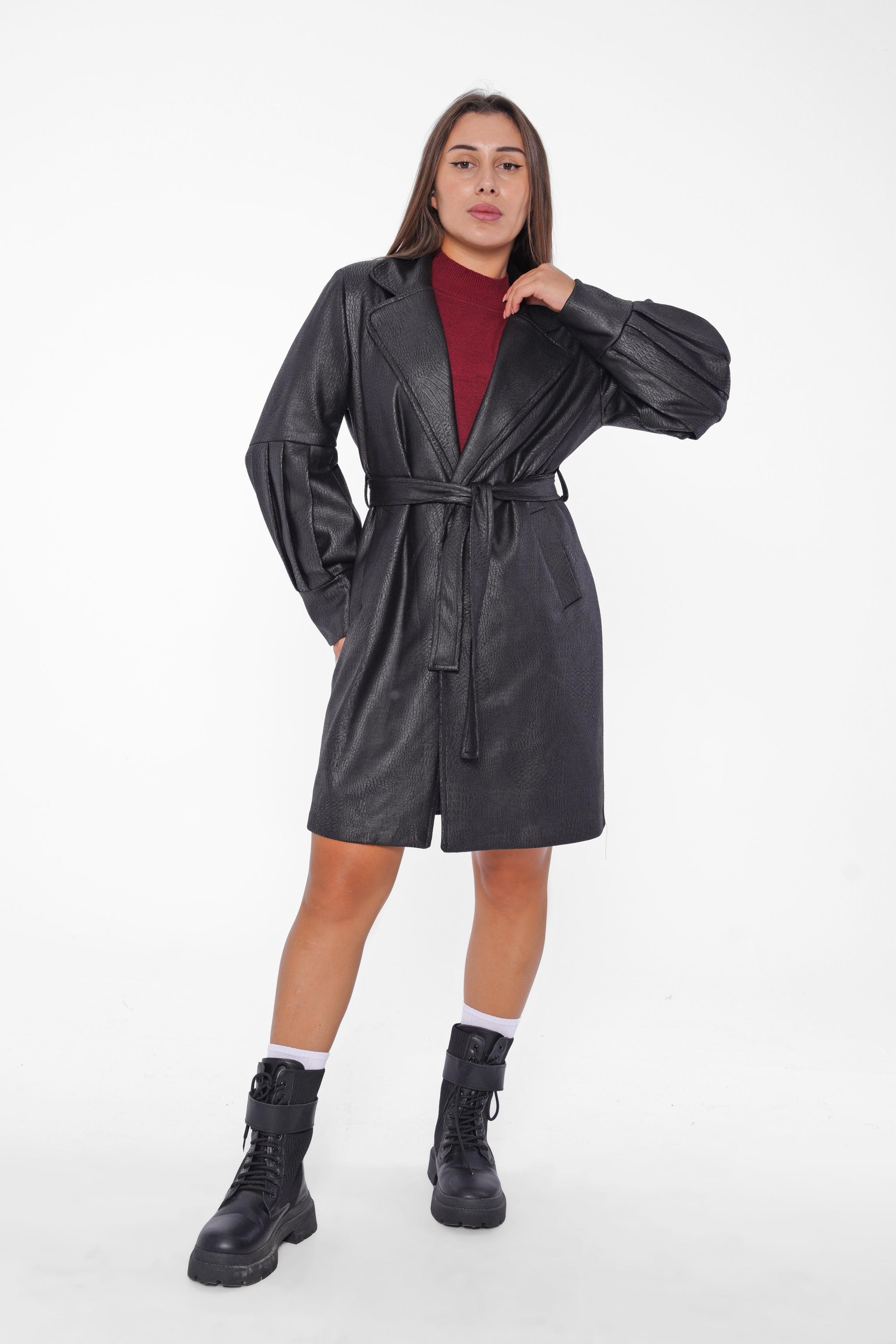 Faux Leather Belted Coat