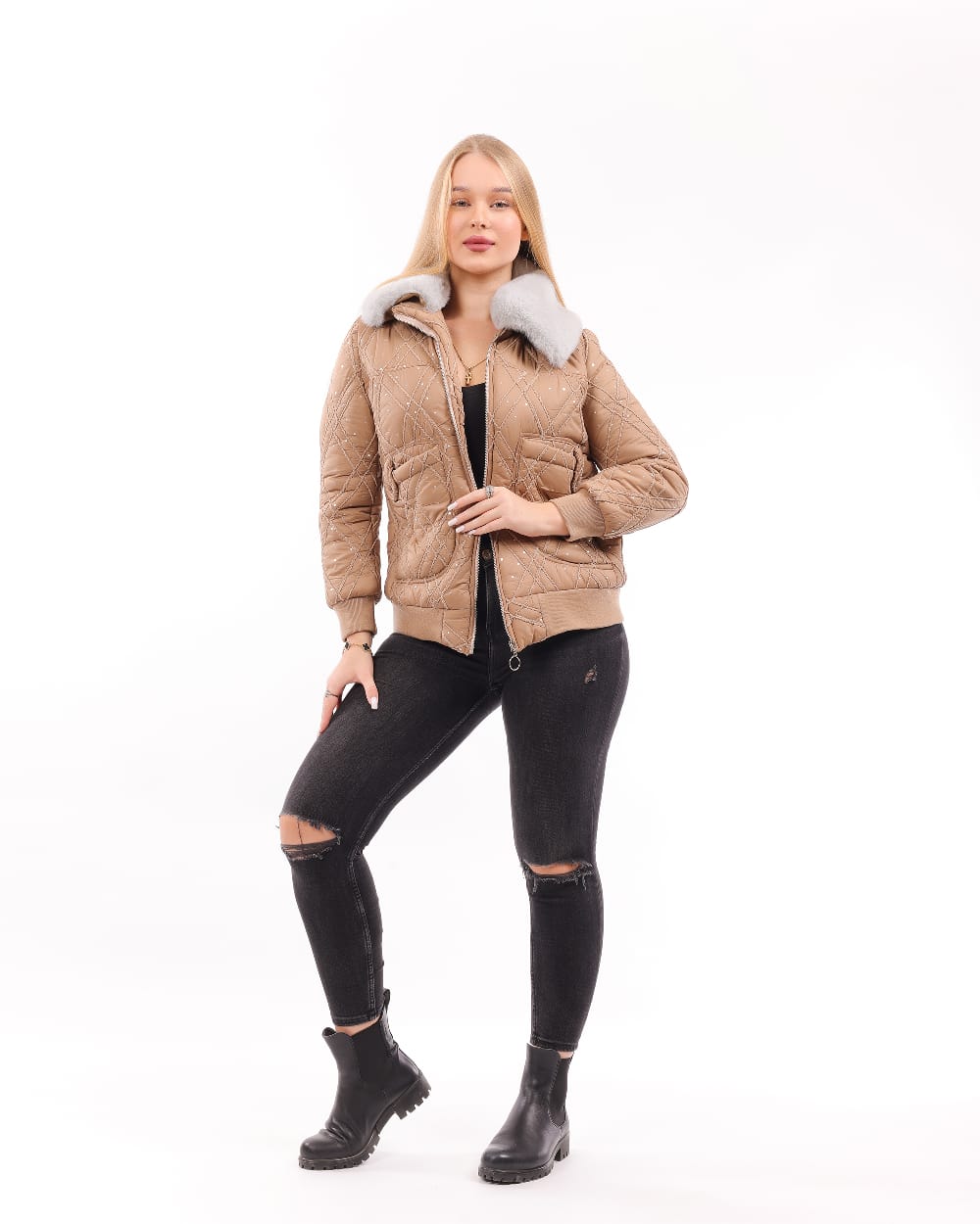 Quilted Bomber Jacket with Faux Fur Collar