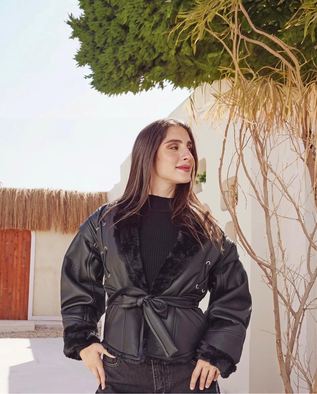 Faux Leather Belted Winter Jacket