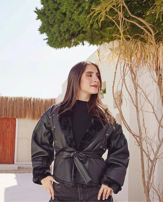 Faux Leather Belted Winter Jacket