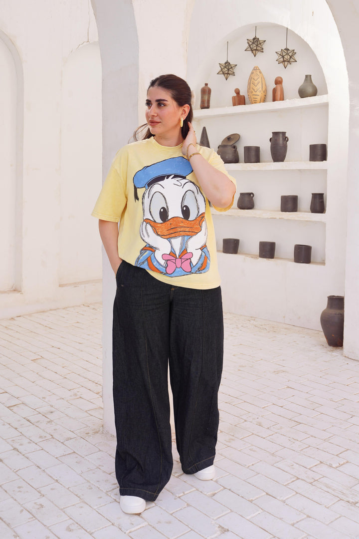 Wide-Leg Seamed Denim Pants