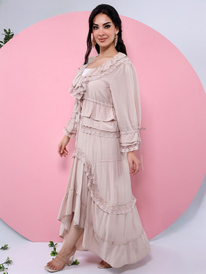 A plain suit with delicate guipure lace details.