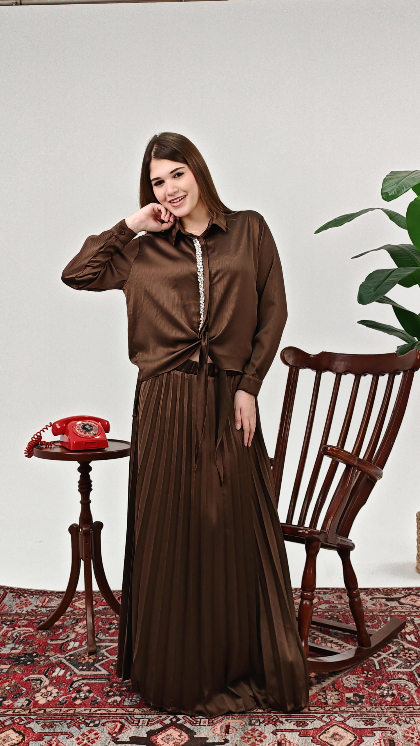 Pleated Tie Shirt Set