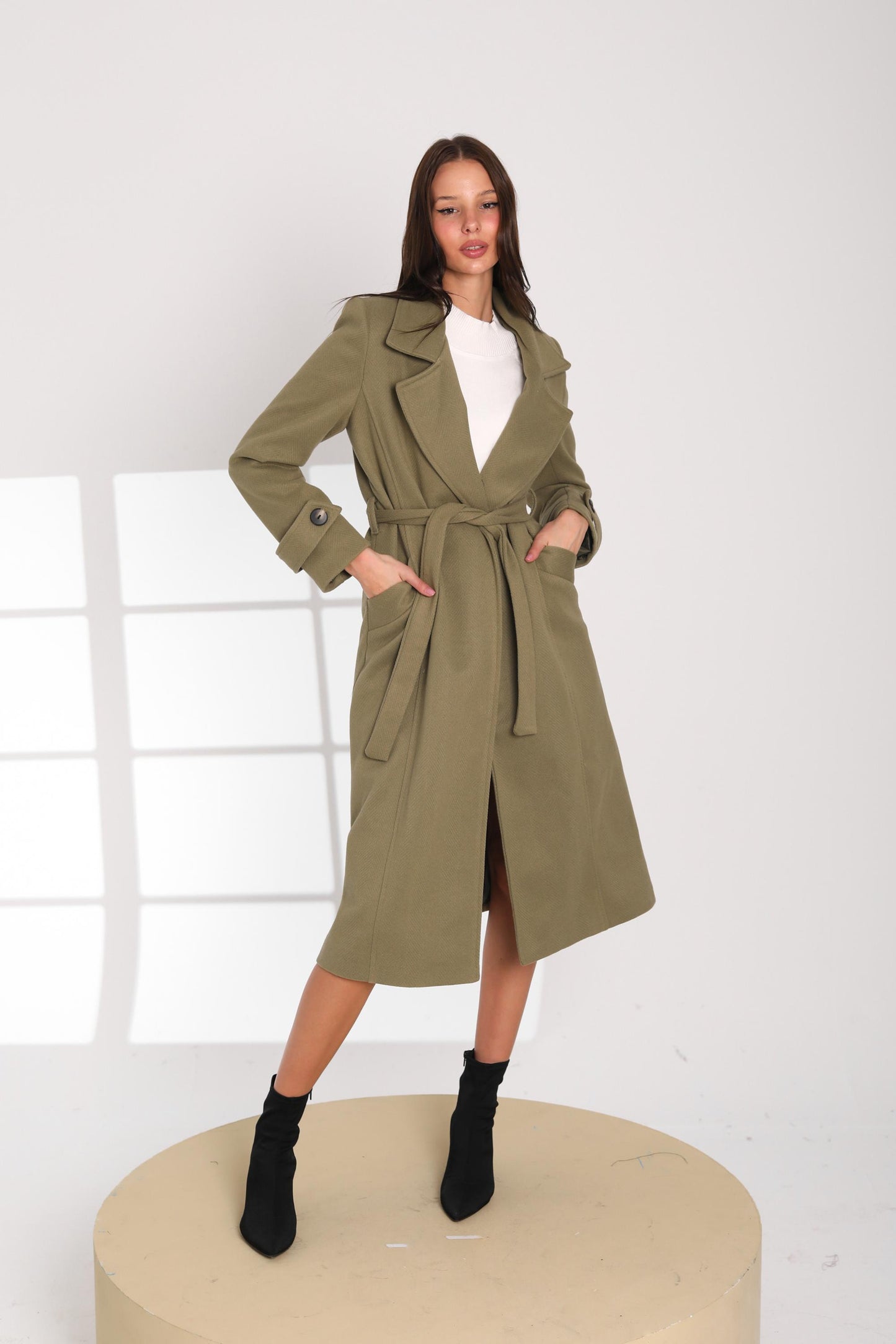Olive Green Belted Wool Coat