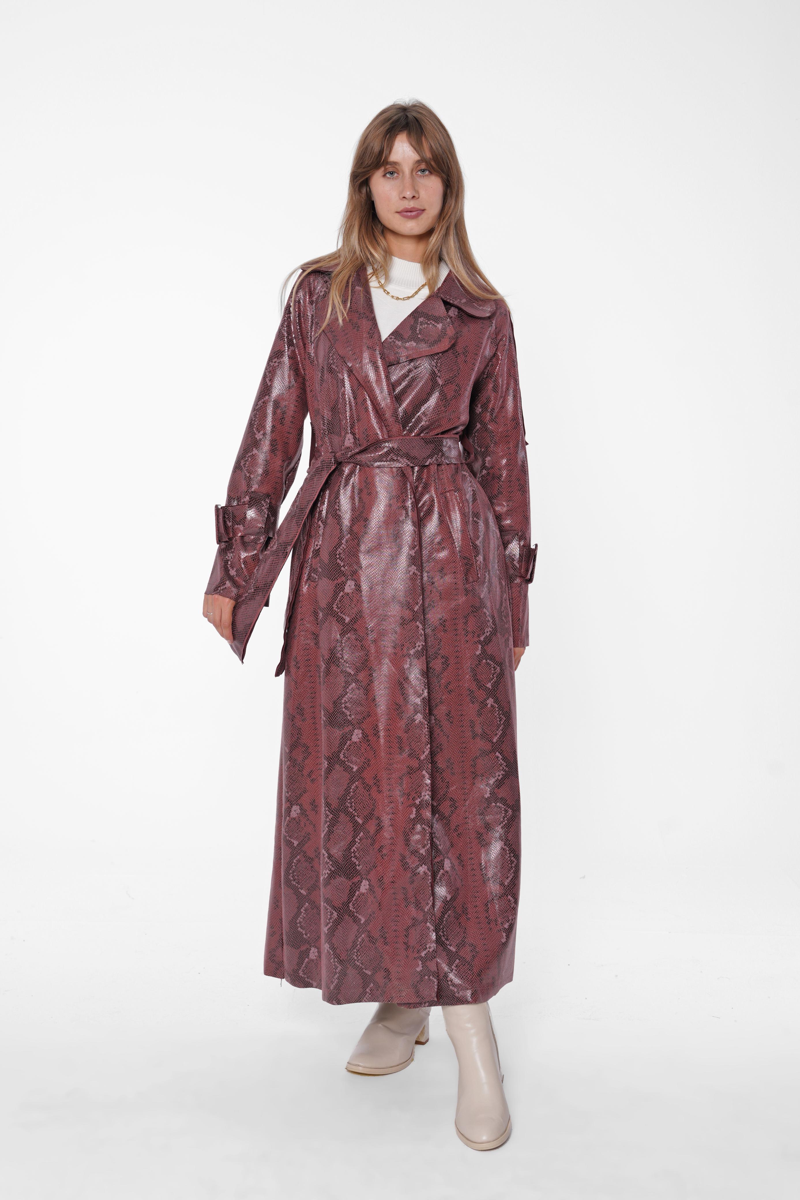 Snakeskin Faux Leather Trench Coat