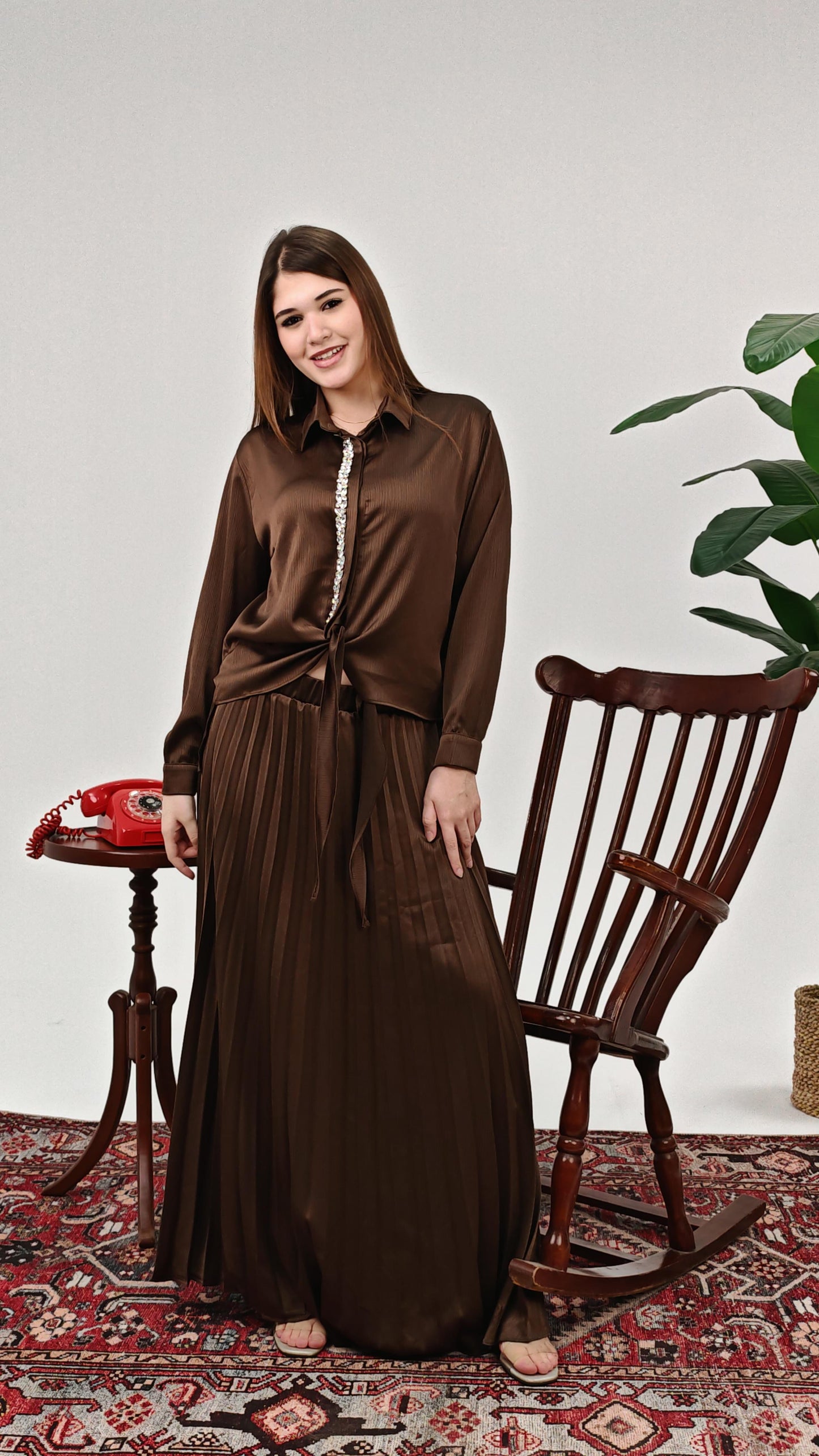 Pleated Tie Shirt Set