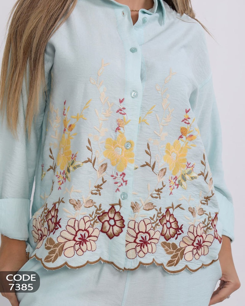 Elegant linen suit with delicate embroidery for a luxurious touch