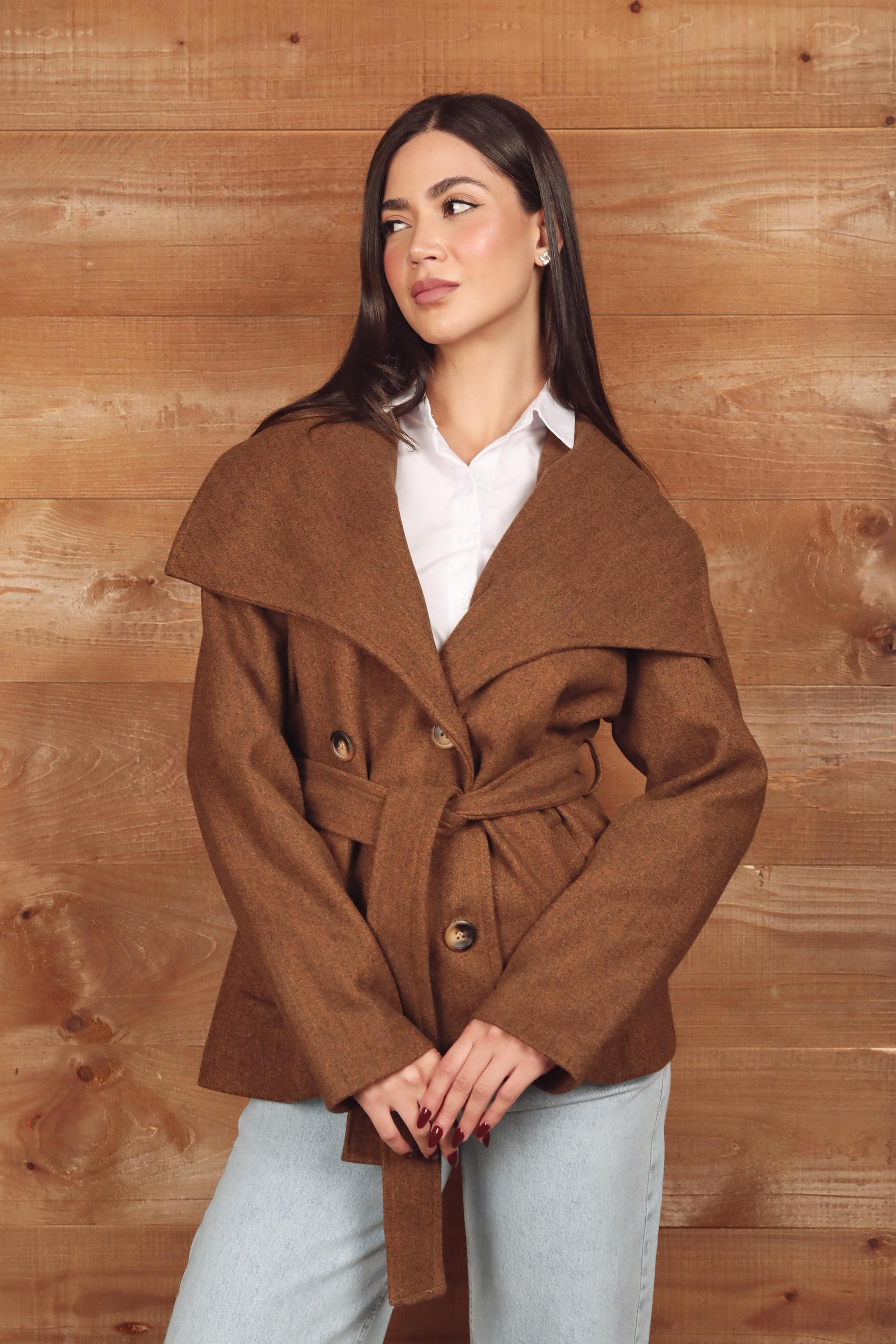 Double-Breasted Belted Grey Coat