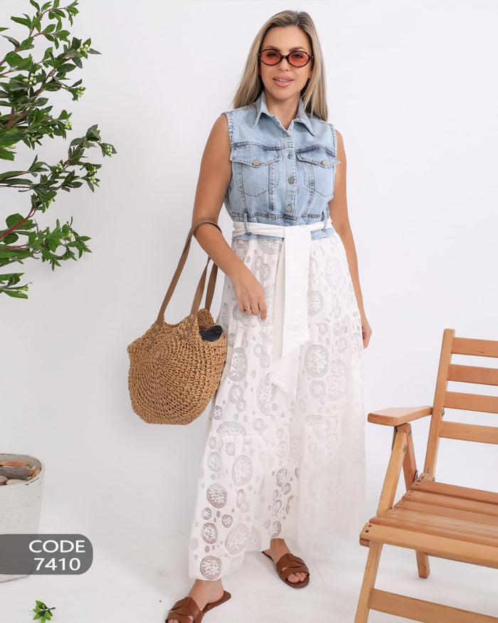 A stylish denim dress adorned with delicate guipure lace for a feminine touch