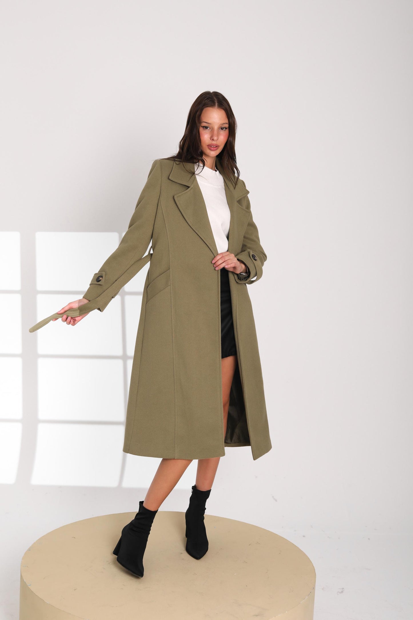 Olive Green Belted Wool Coat