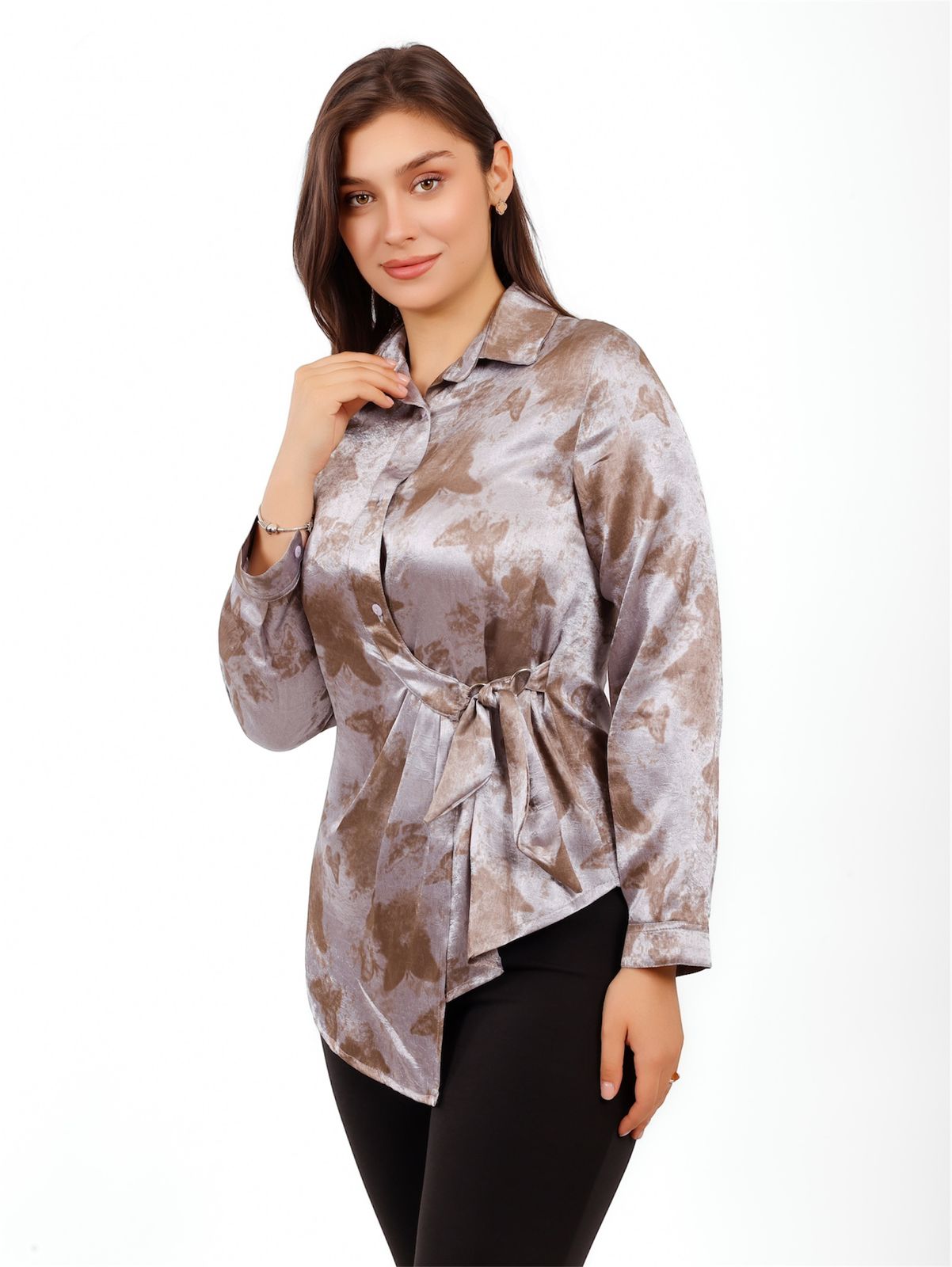 Satin Butterfly Print Wrap Shirt