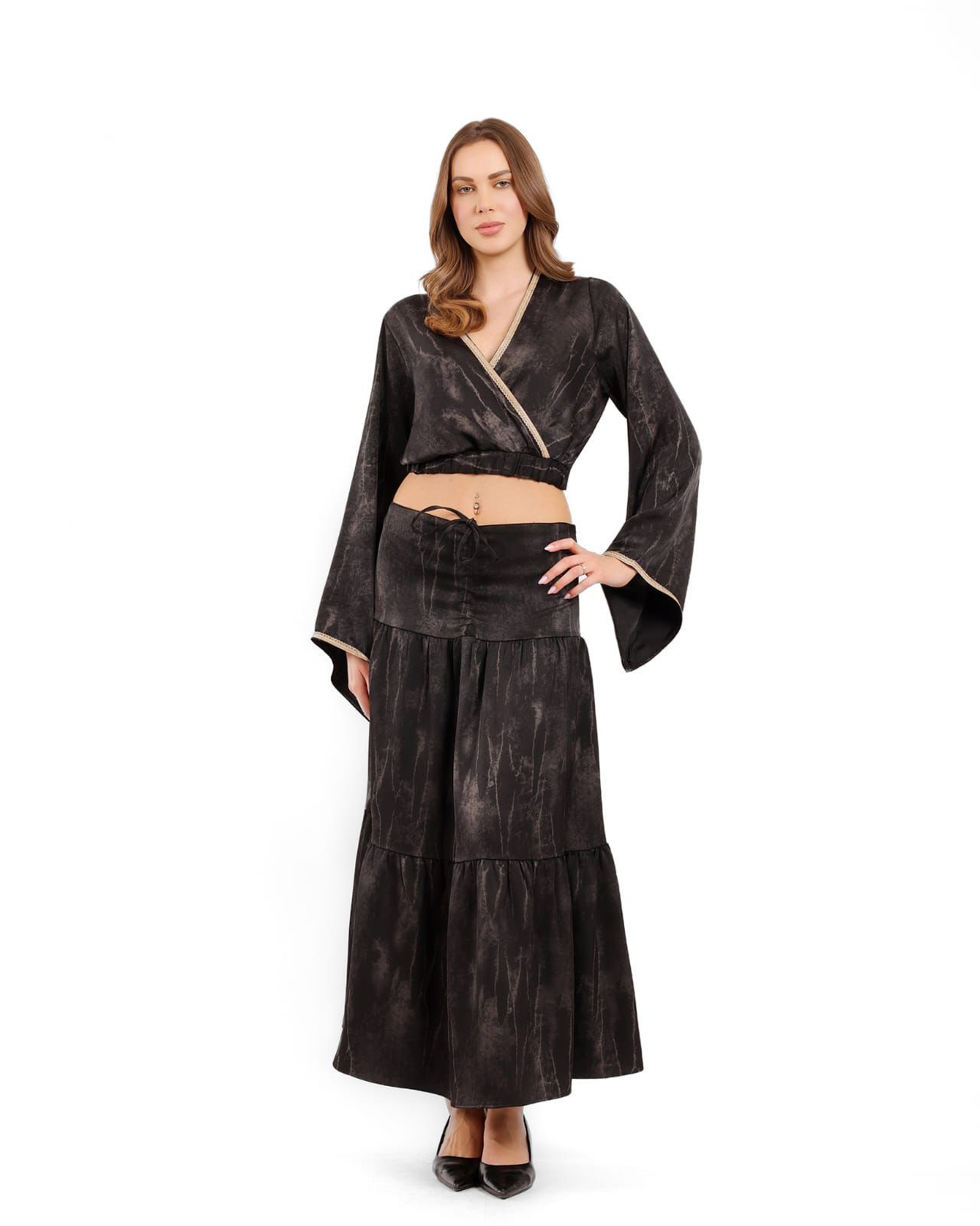 Marbled Wrap Top & Tiered Maxi Skirt Set