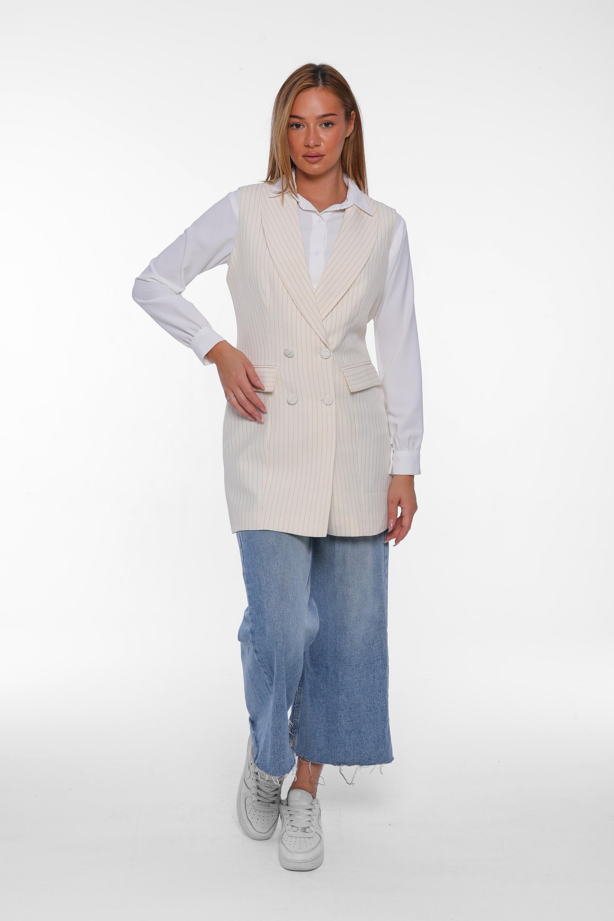 Double-Breasted Long Blazer