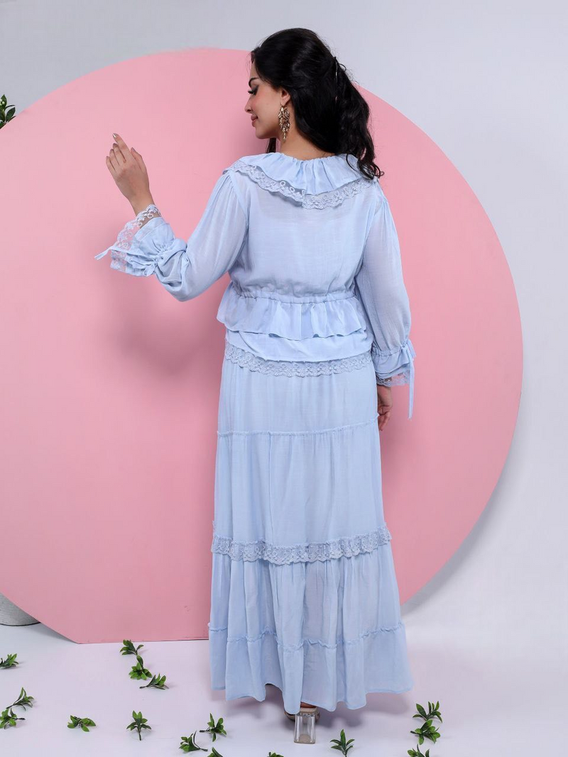 A plain suit with delicate guipure lace details.