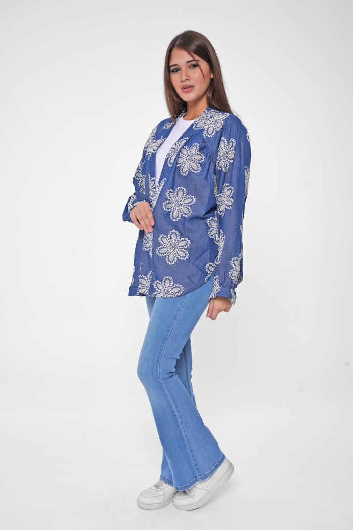 Stay effortlessly chic with our embroidered Denim cardigan.