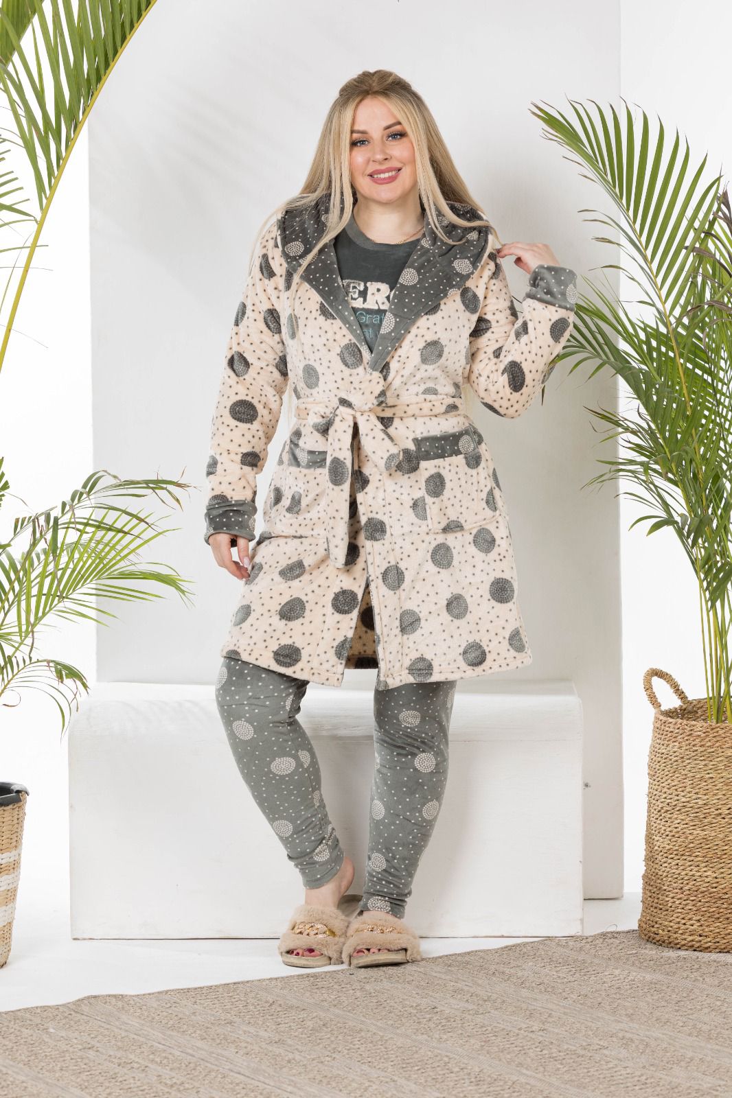 Polka Dot Winter Pajama Set with Robe
