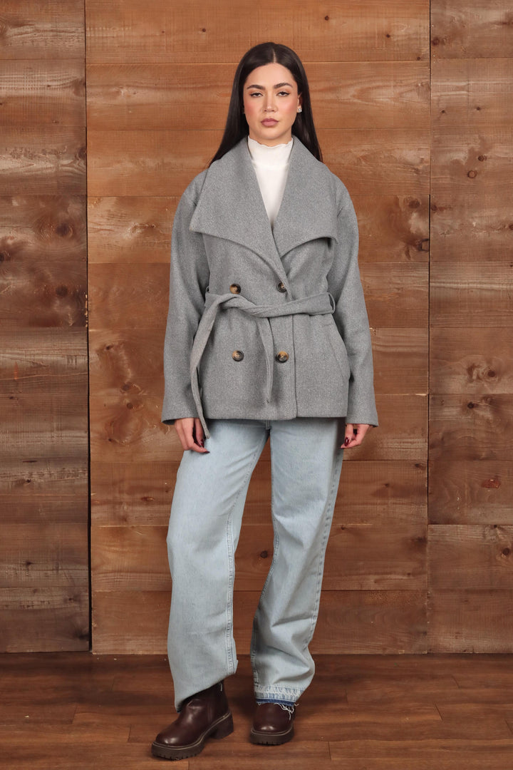 Double-Breasted Belted Grey Coat
