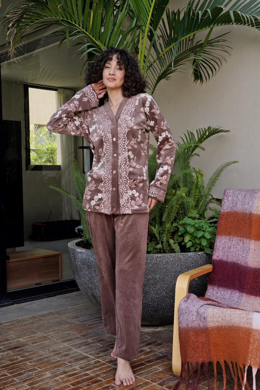 Velvet Floral Embroidered Pajama Set – Brown