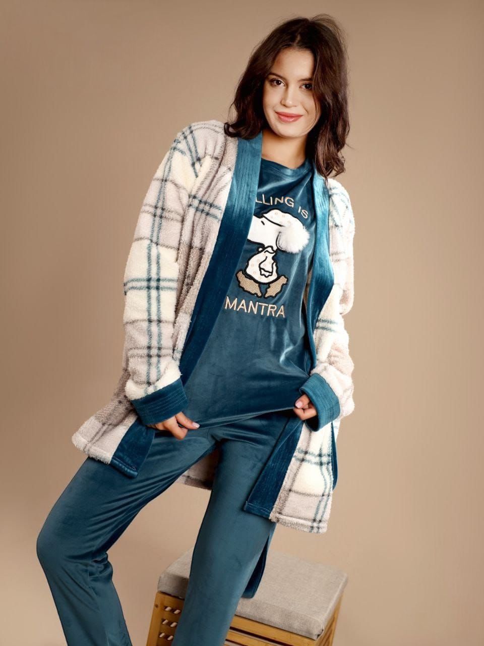 Teal Velvet Pajama Set with Checked Robe