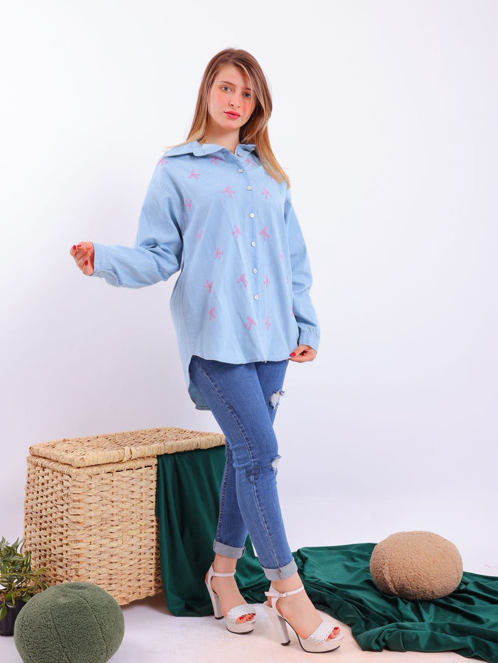 Denim shirt with a bow, where casual meets chic