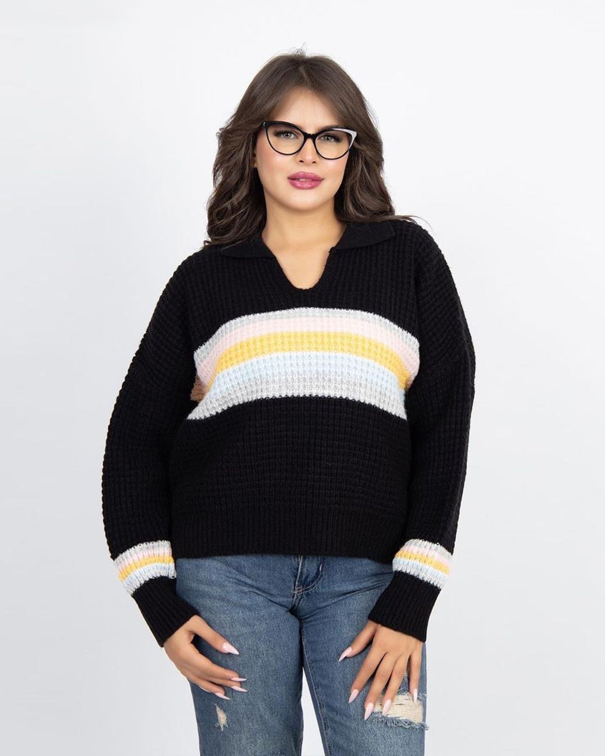 Knitted Sweater with Colorful Stripes