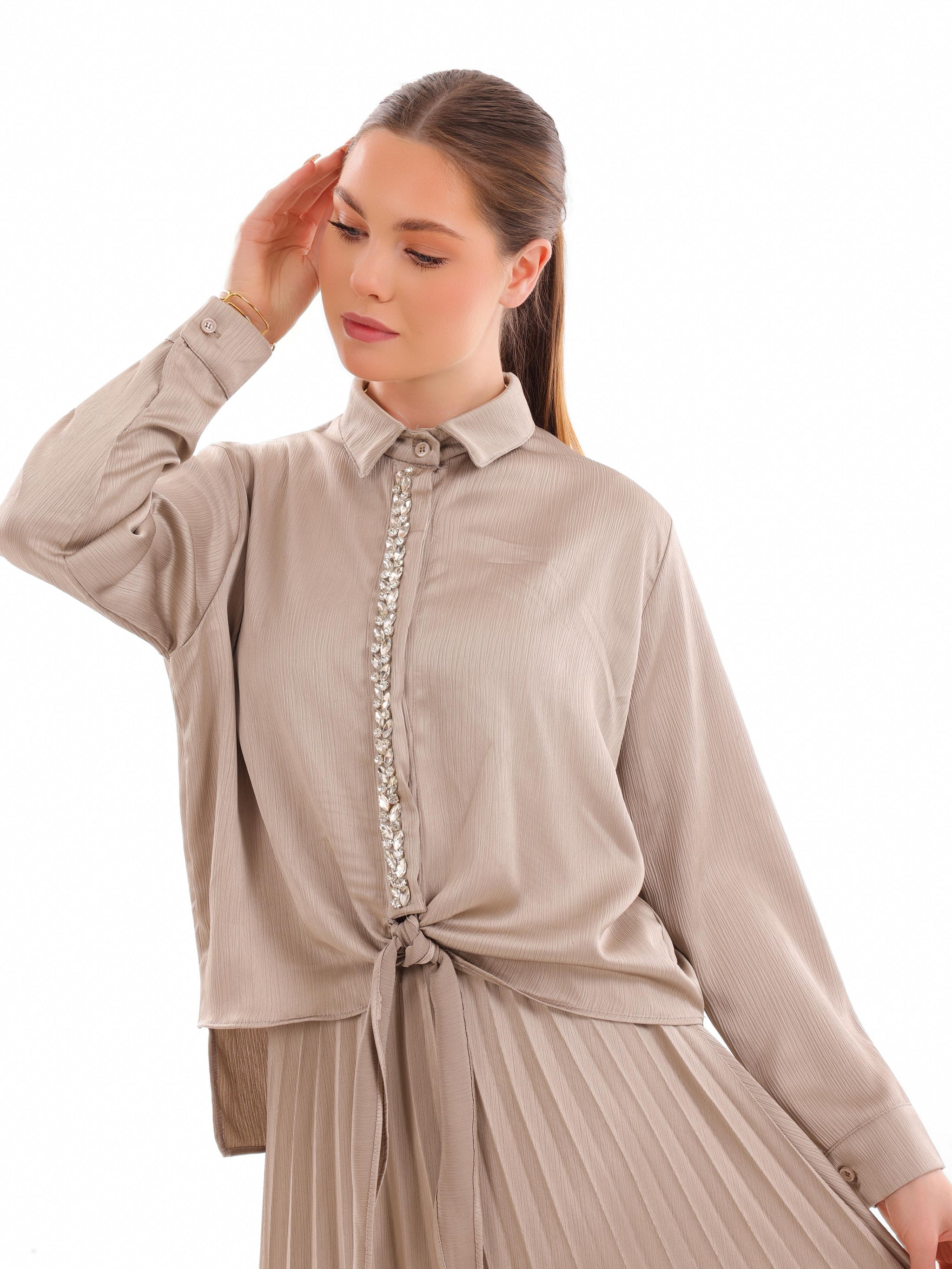 Pleated Tie Shirt Set