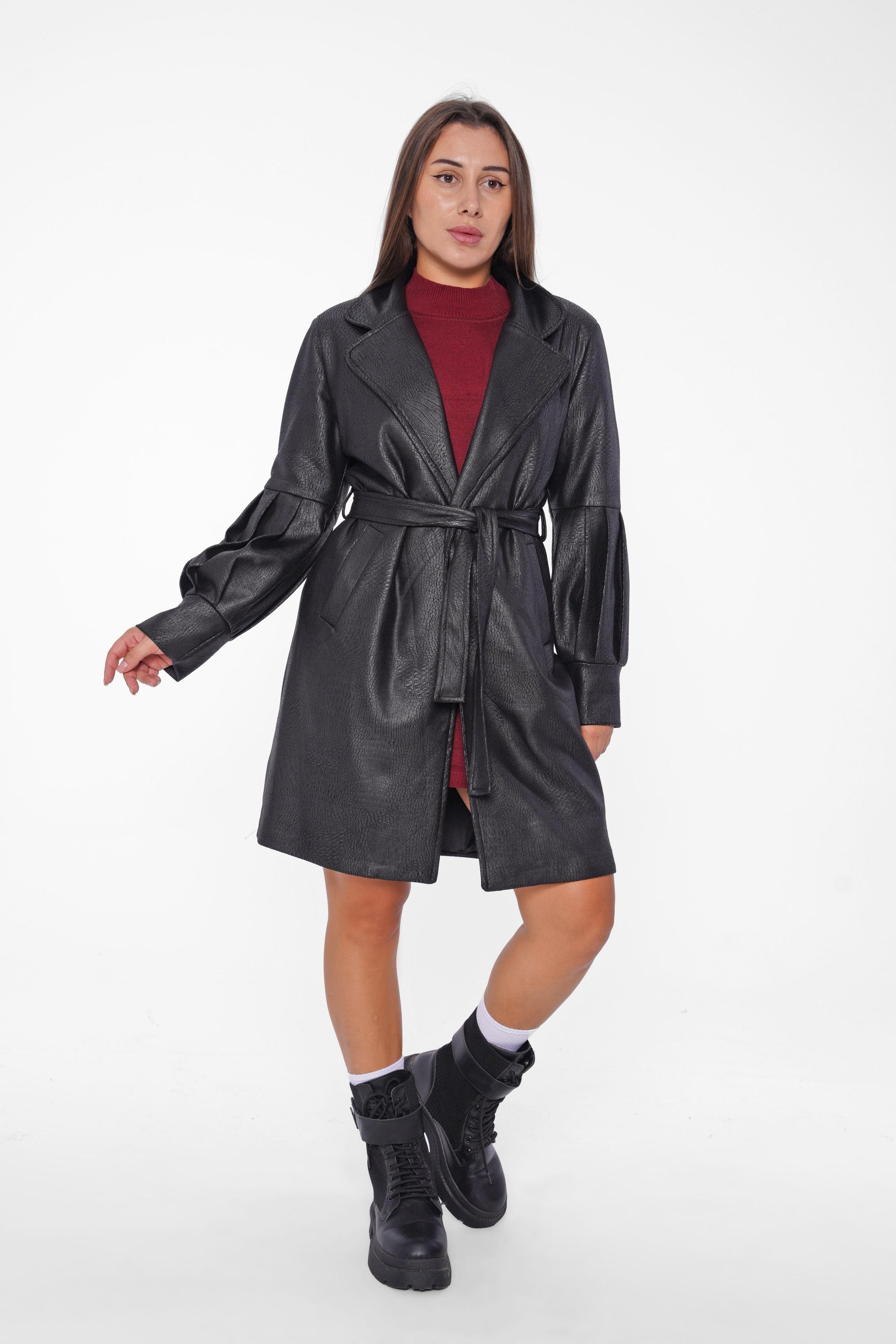 Faux Leather Belted Coat