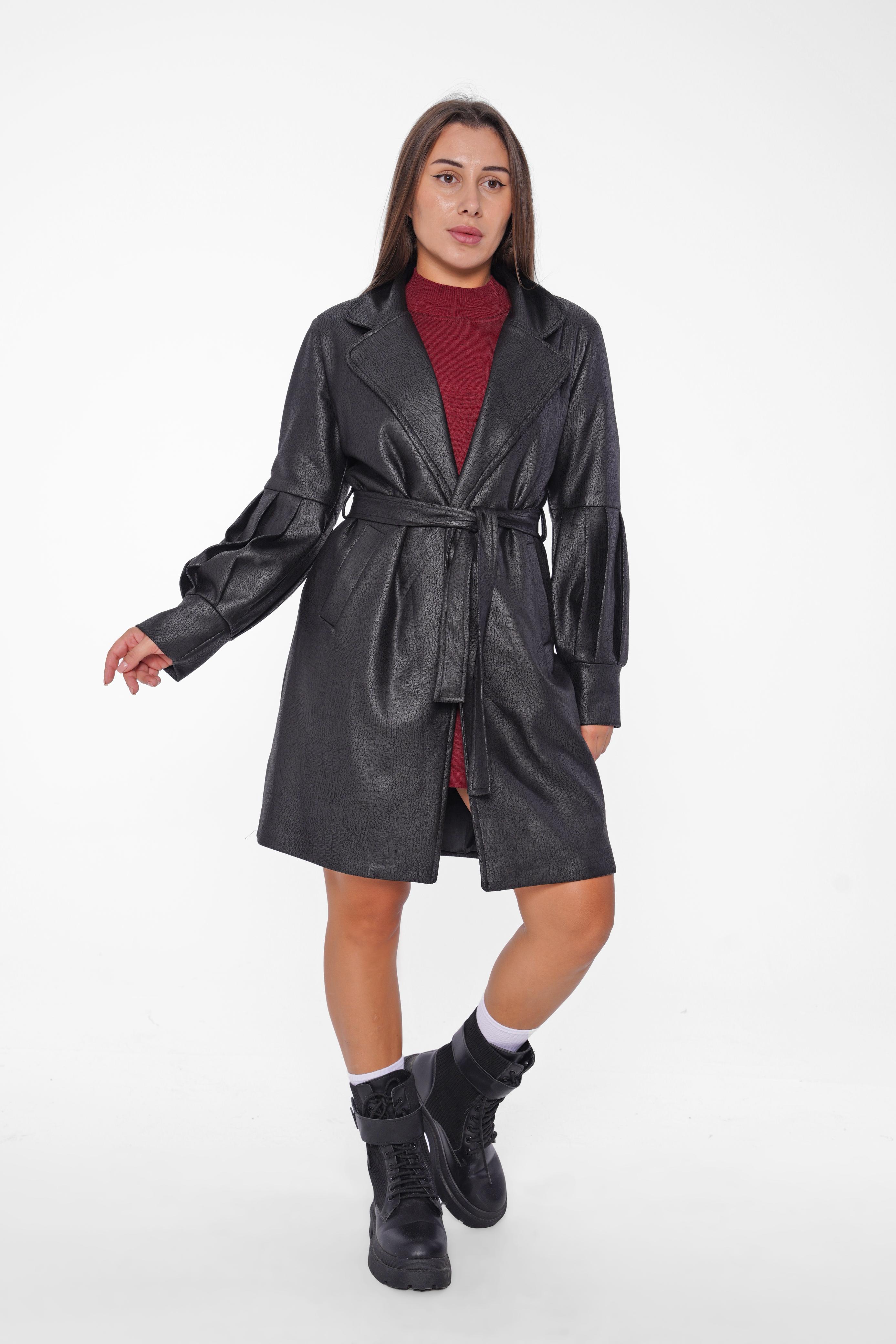 Faux Leather Belted Coat