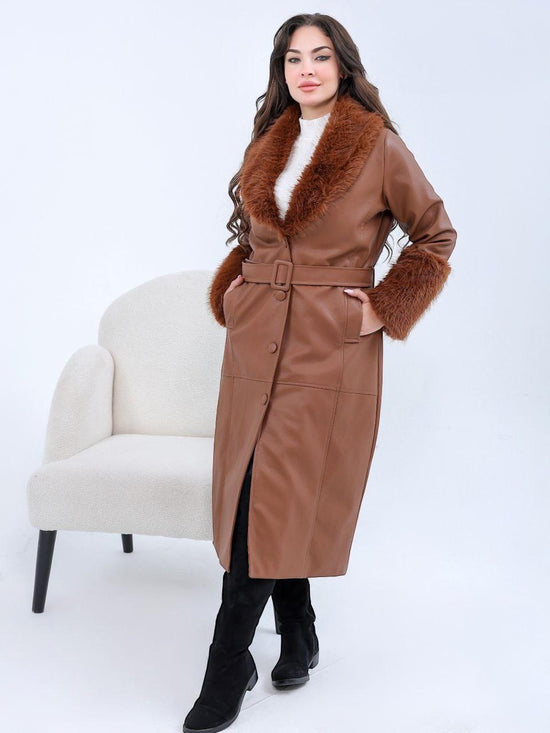 Faux Leather Coat with Fur Collar