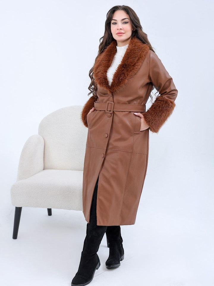 Faux Leather Coat with Fur Collar