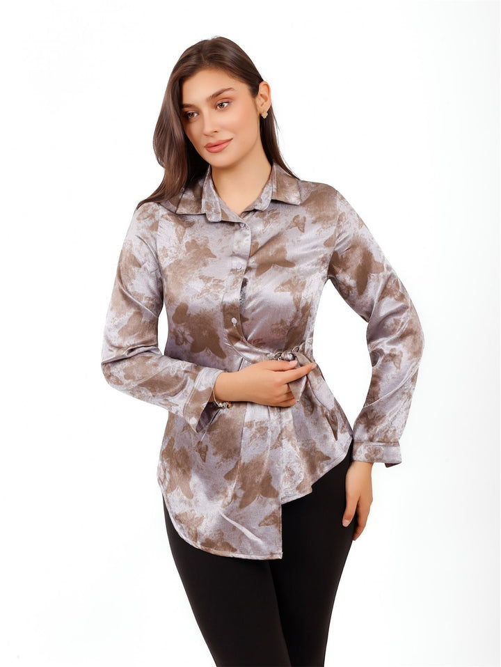 Satin Butterfly Print Wrap Shirt