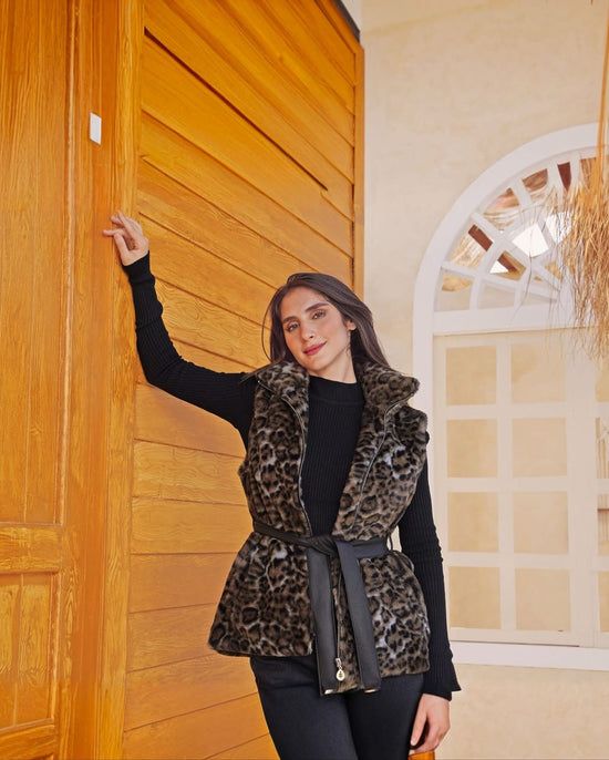 Patterned Faux Fur Vest with Waist Belt