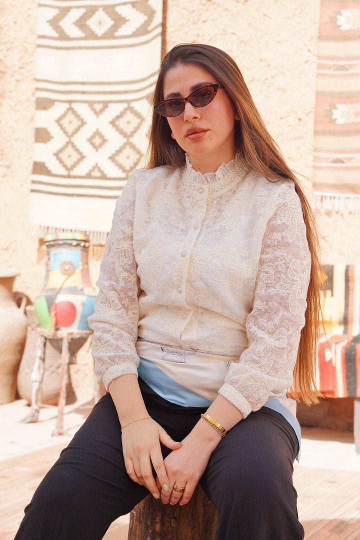 Pearl Accent Lace Blouse