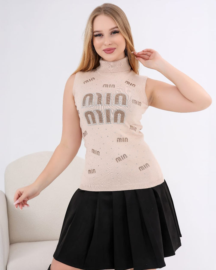Sleeveless High Neck Knit Top with Studded Logo