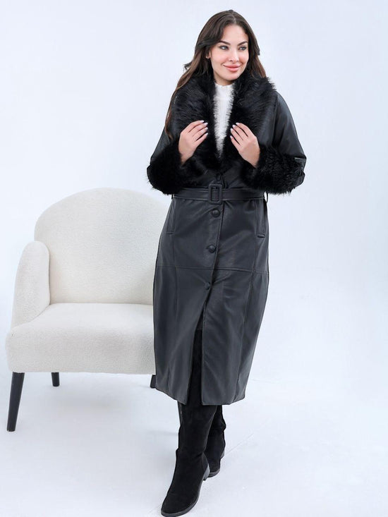 Faux Leather Coat with Fur Collar