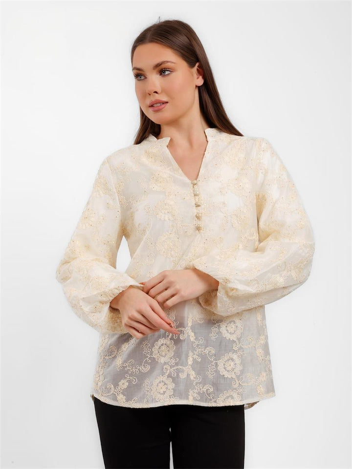 Embroidered Tie Waist Blouse